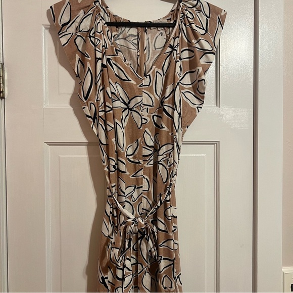 #119 LOFT FLORAL PRINT TAN DRESS SIZE 14 - Picture 1 of 5